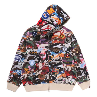 A Bathing Ape Hybrid Camo Multi Badge Shark Relaxed Fit Full Zip Hoodie 'Multicolor'