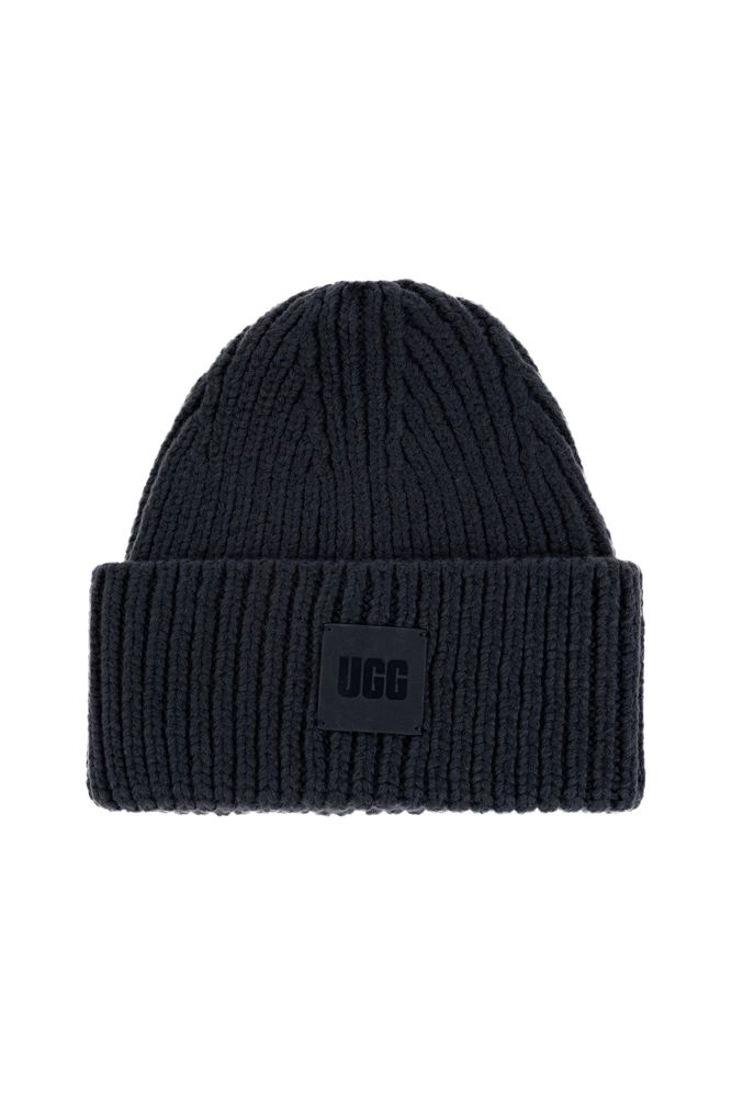 UGG Logo Patch Ribbed Beanie Hat