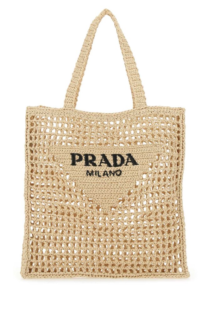 Prada Logo Embroidered Woven Tote Bag