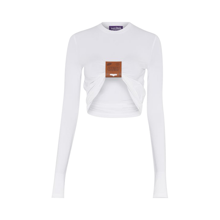 Jean Paul Gaultier Stretch Viscose Jersey Long Sleeves Top With Leather Tag Detail 'White'