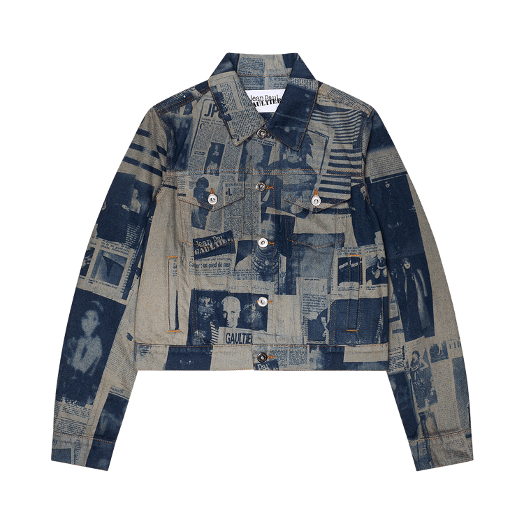 Jean Paul Gaultier Fitted Denim Jacket Newspaper Print 'Multicolor'