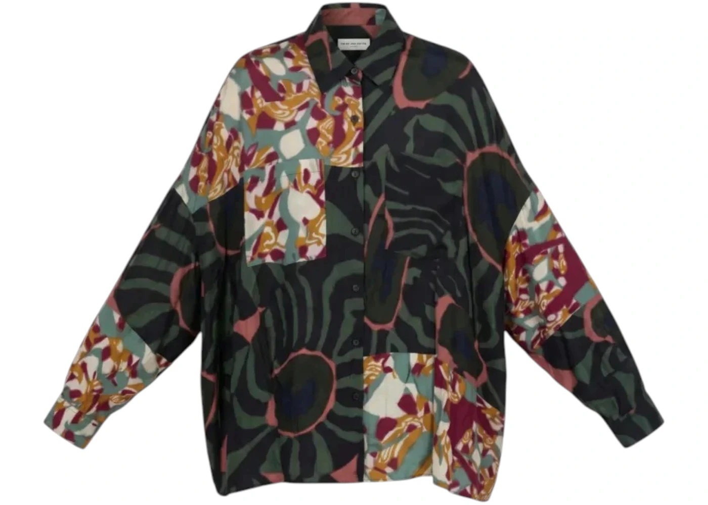 Dries Van Noten Women's Marbled Clay Border Print Fluid Shirt Khaki