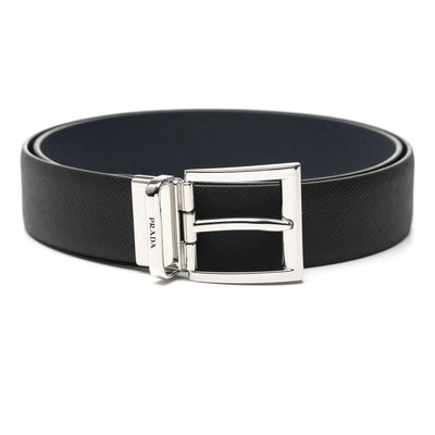 PRADA SS26 Saffiano Leather Reversible Belt 'Black Baltic Blue'