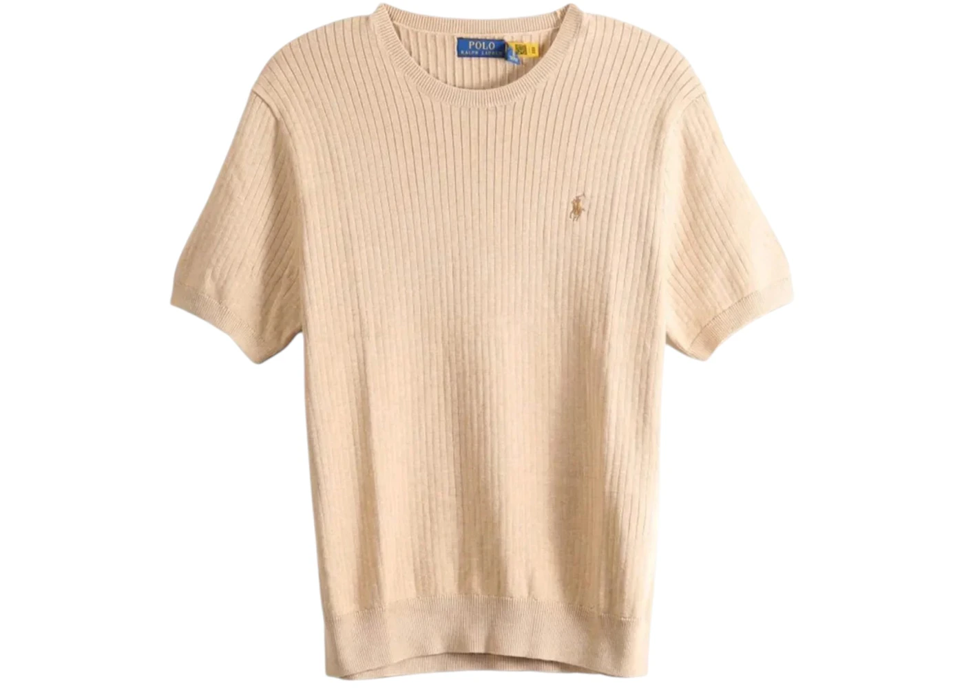 Polo Ralph Lauren Short-Sleeve Cotton Rib Stitch Crewneck Pullover Sweater Camel Melange