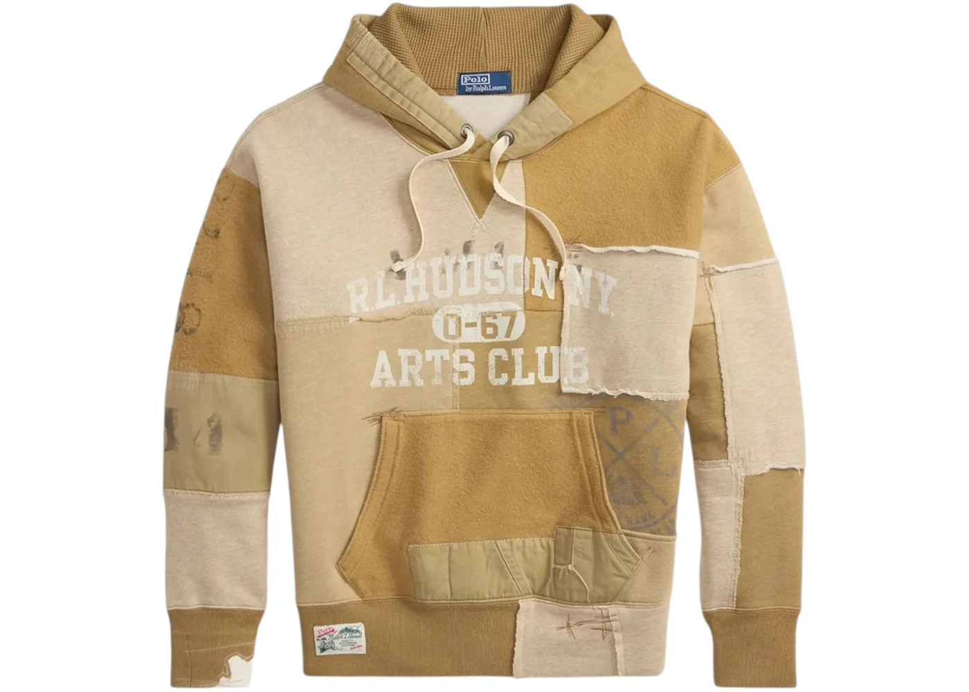 Polo Ralph Lauren Original Label Long-Sleeve Vintage Fleece Patchwork RL Arts Club Print Hoodie Montana Khaki Multicolor