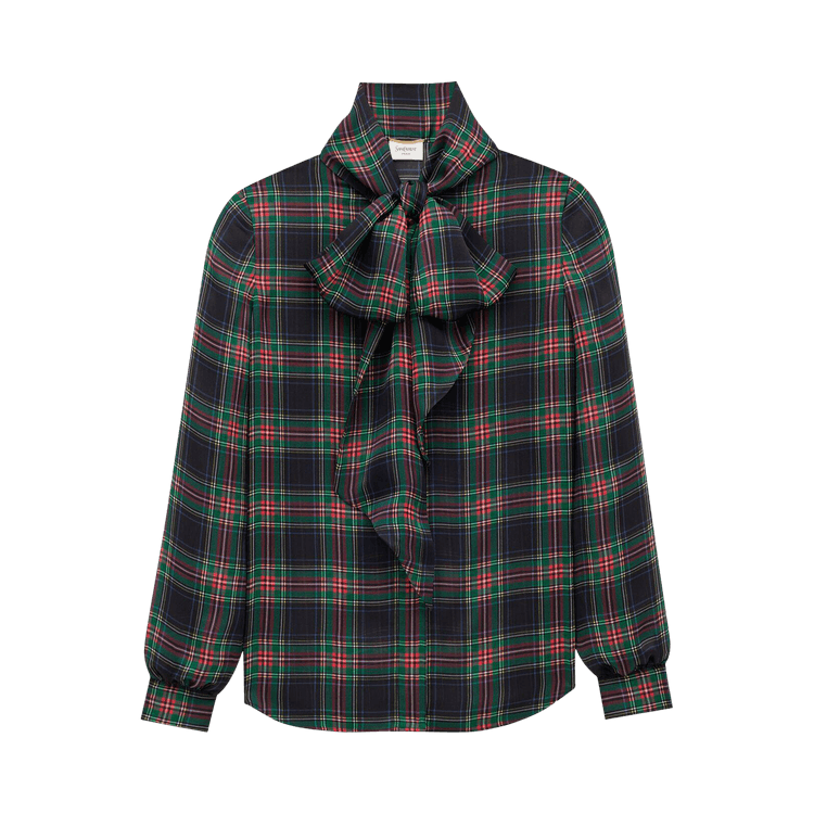 Saint Laurent Lavallière Blouse In Tartan Silk Charmeuse 'Noir Multico'