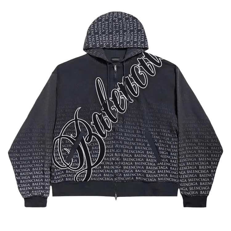 Balenciaga Oversized Zip-Up Hoodie 'Washed Black/White'