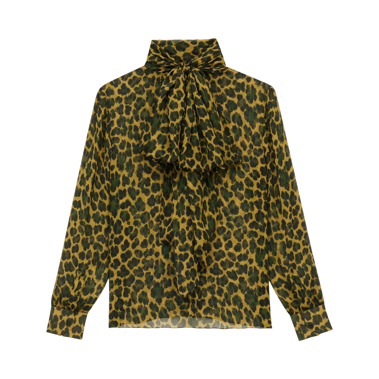 Saint Laurent Lavallière Blouse In Leopard Silk Muslin 'Ocre/Vert'