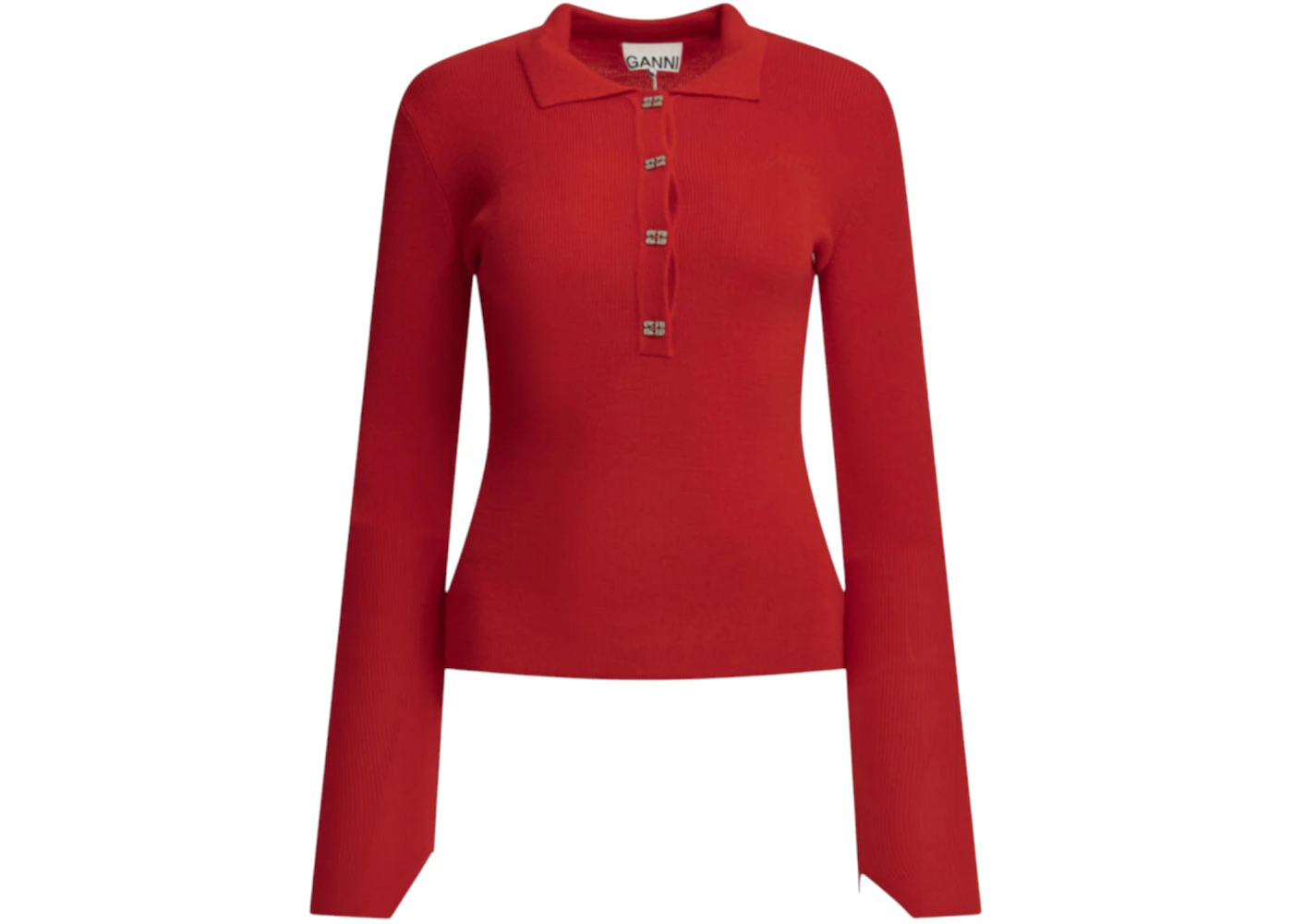 Ganni Merino Wool Polo Sweater Red