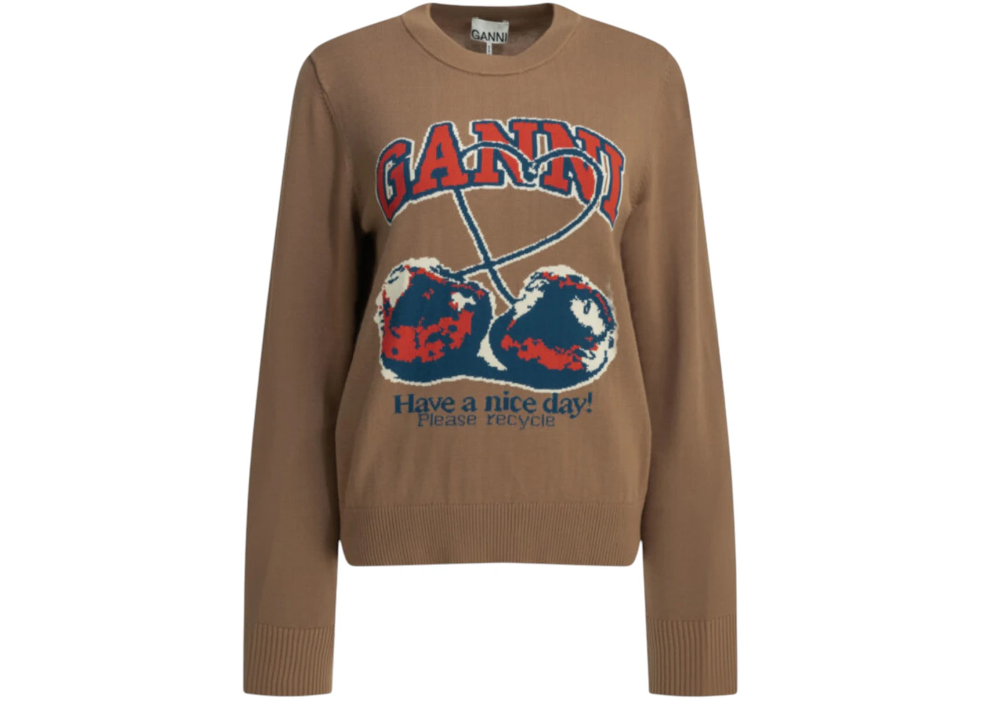 Ganni Cherry Crewneck Sweater Brown