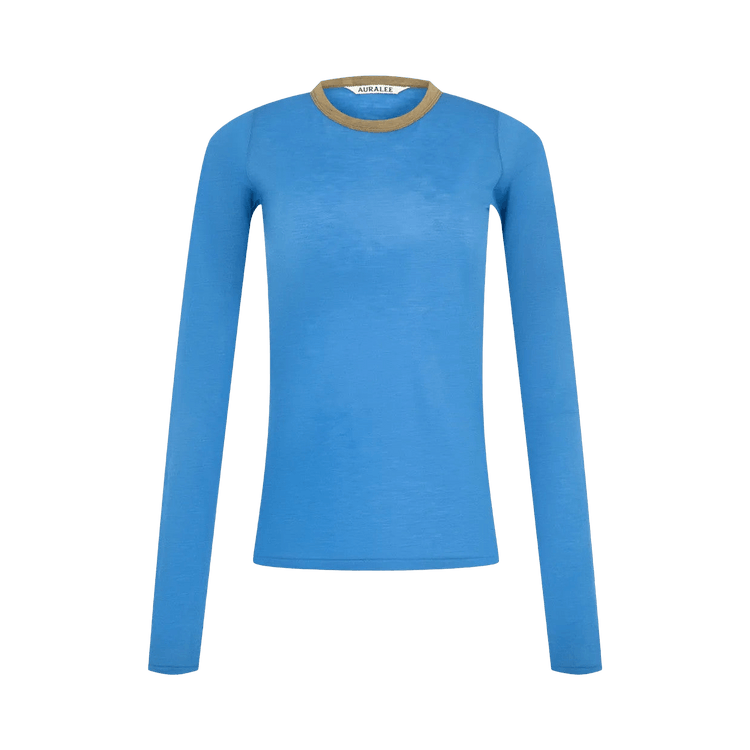 Auralee Fluffy Cashmere Nylon Jersey Ringer Long Sleeve Tee 'Blue'