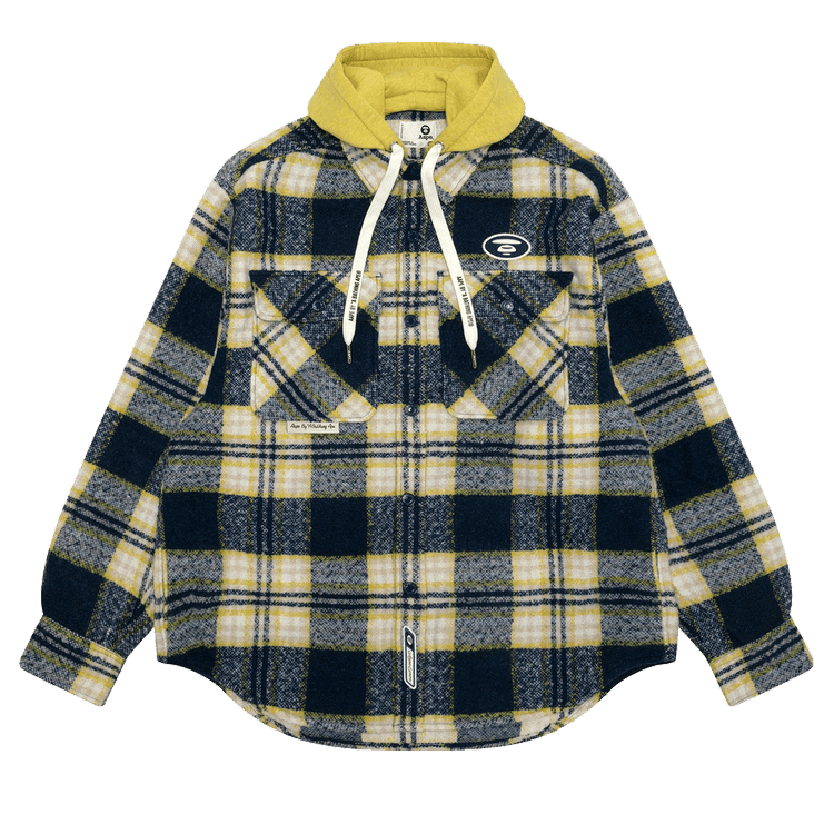 AAPE Moonface Check Hooded Shirt 'Navy/Yellow'