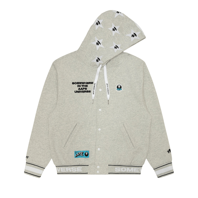 AAPE Moonface Logo Hooded Varsity Jacket 'White/Heather'