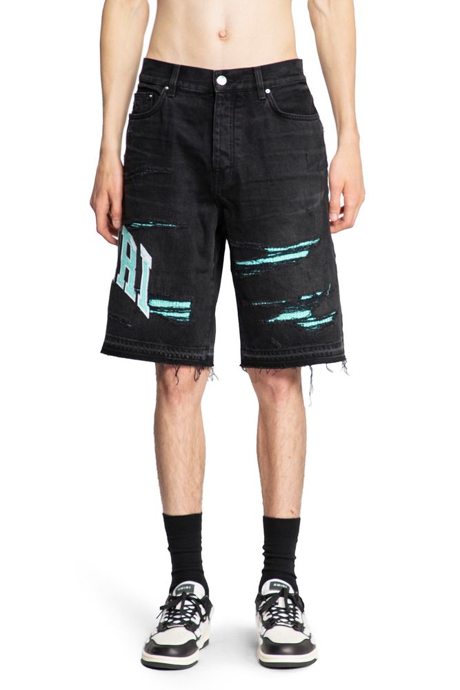 Amiri Logo Patch Distressed Denim Bermuda Shorts
