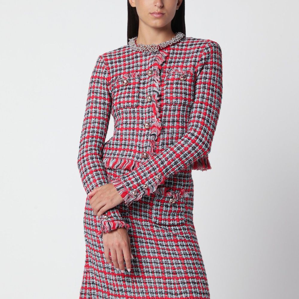 Self-Portrait Fringed Check Tweed Jacket