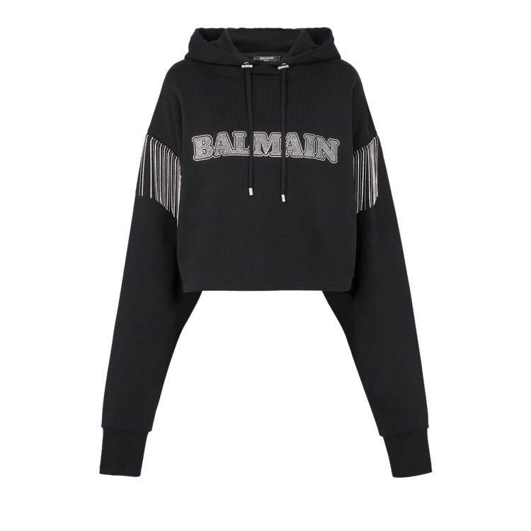 Balmain Embellished Cropped Hoodie 'Black/Crystal'
