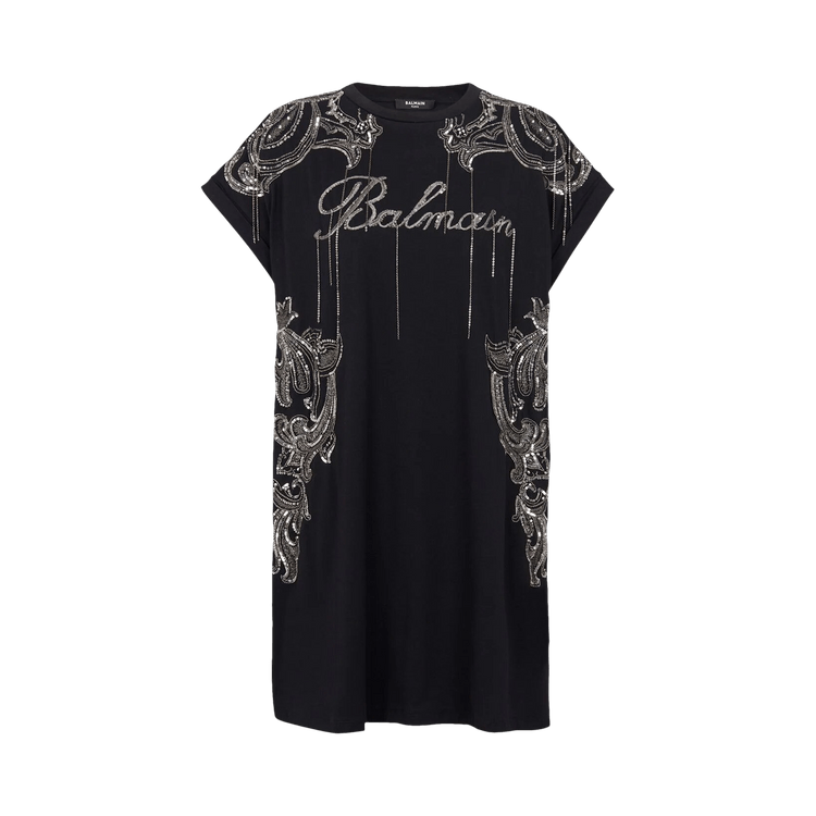 Balmain Sleeveless Embroidered Paisley Chains Short Dress 'Black/Old Silver'