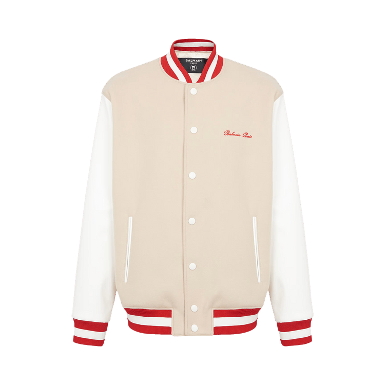 Balmain Bicolor Signature Varsity Jacket 'Ivory/Off White/Red'