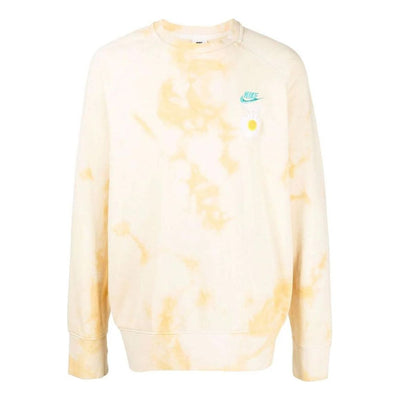 Men's Nike Sportswear NSW Chest Brand Logo Embroidered Tie Dye Round Neck Pullover Long Sleeves Yellow