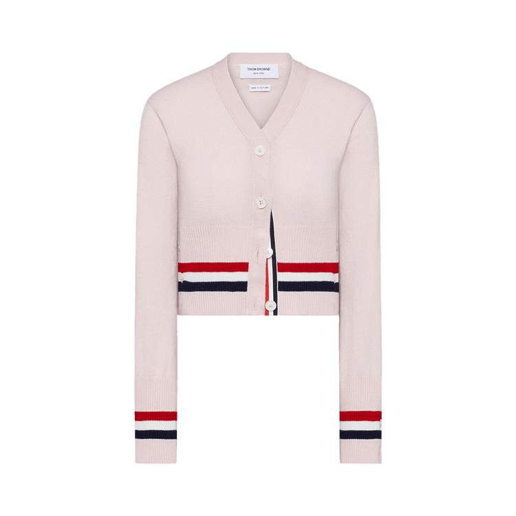 Thom Browne RWB Stripe Cashmere Shrunken V Neck Cardigan 'Light Pink'