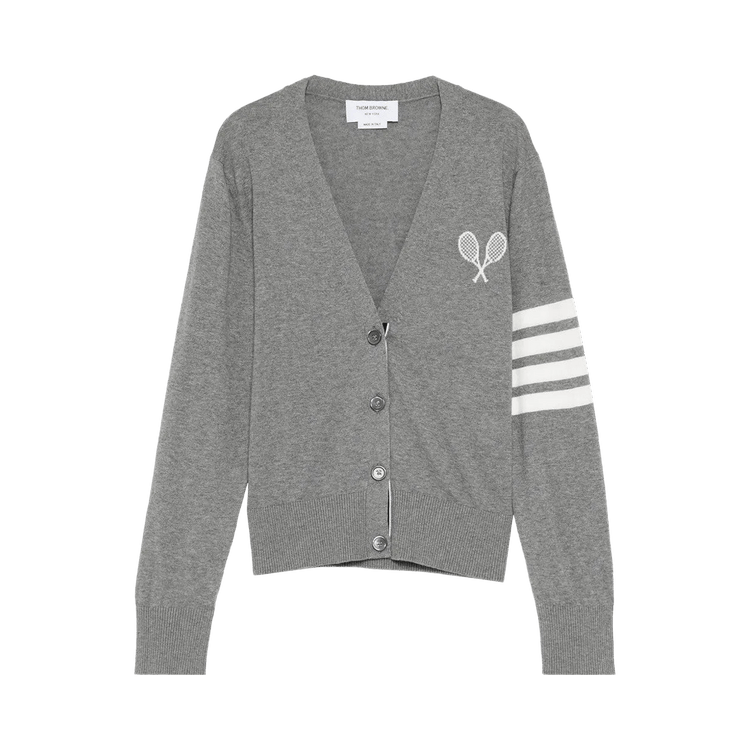 Thom Browne Tennis Racquets Intarsia Neck Cardigan 'Light Grey'
