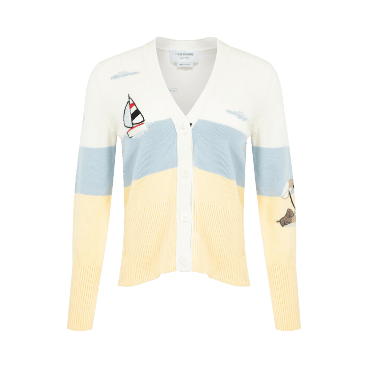 Thom Browne Hand Embroidery Nantucket Scenic Jersey Intarsia Classic Fit V-Neck Cardigan 'White'