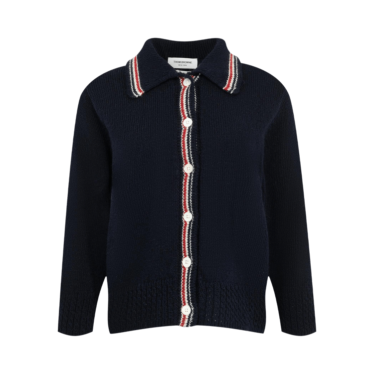 Thom Browne Hector Pointelle Intarsia Polo Collar 3/4 Sleeve Cardigan In Donegal W/ Rwb Stripe 'Navy'