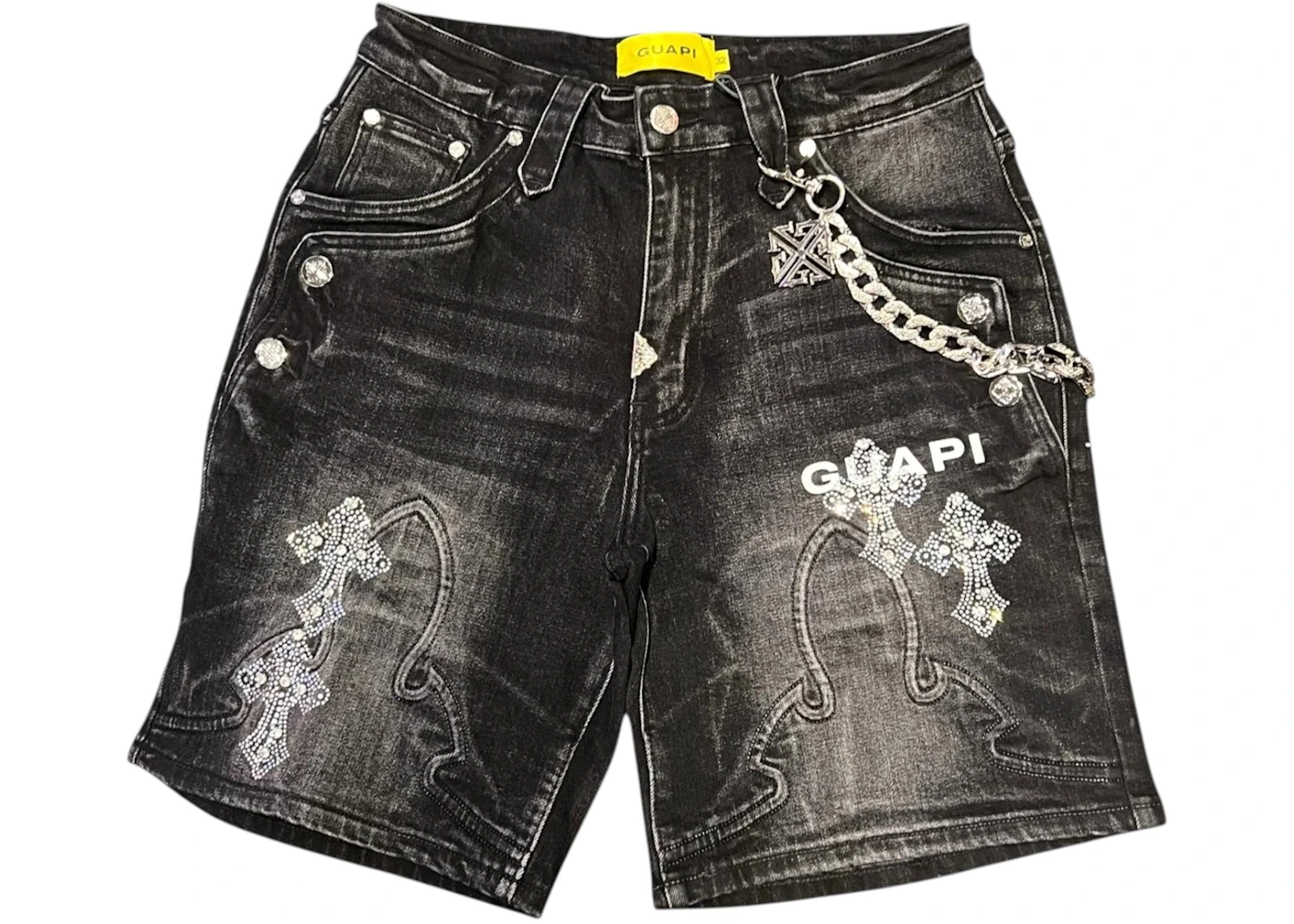 Guapi Obsidian Black Faded Cross Denim Shorts Black