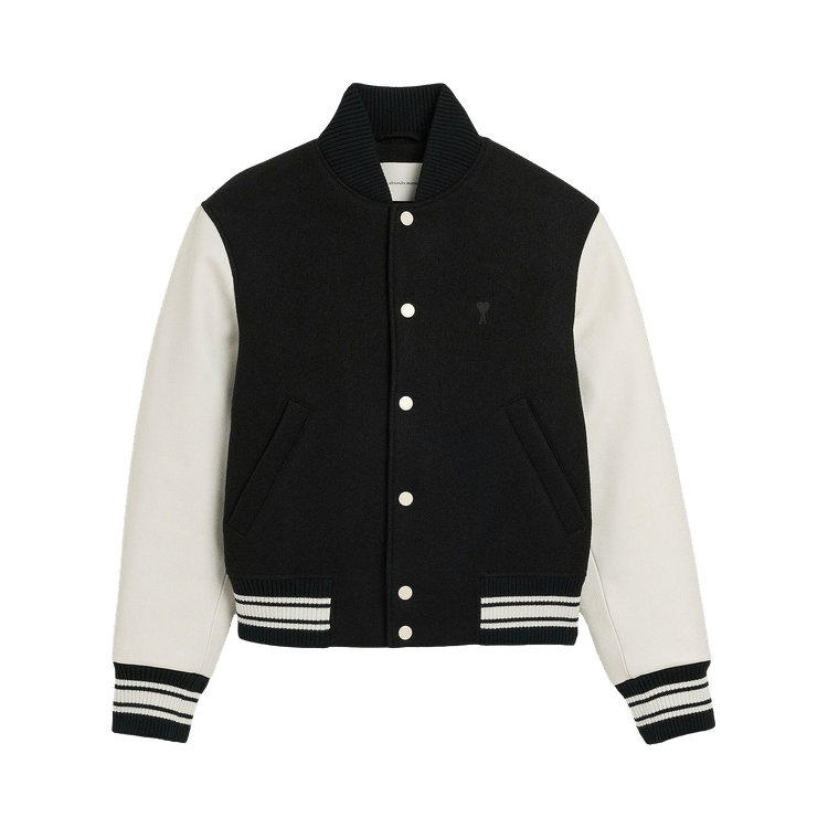 Ami Padded Paris Teddy Jacket With Leather Sleeves 'Noir'