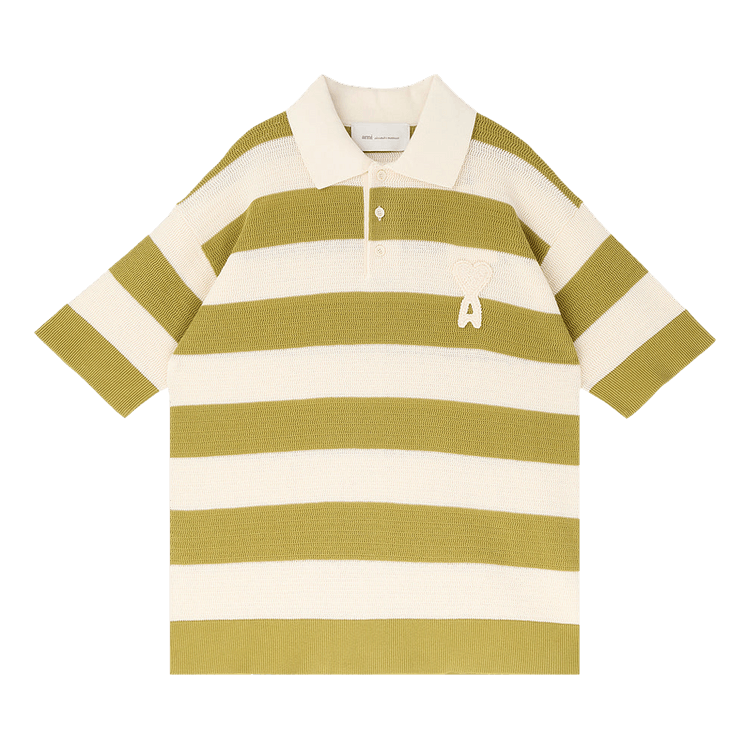 Ami Short-Sleeve Polo With De Coeur Patch 'Blanc Creme/Matcha'