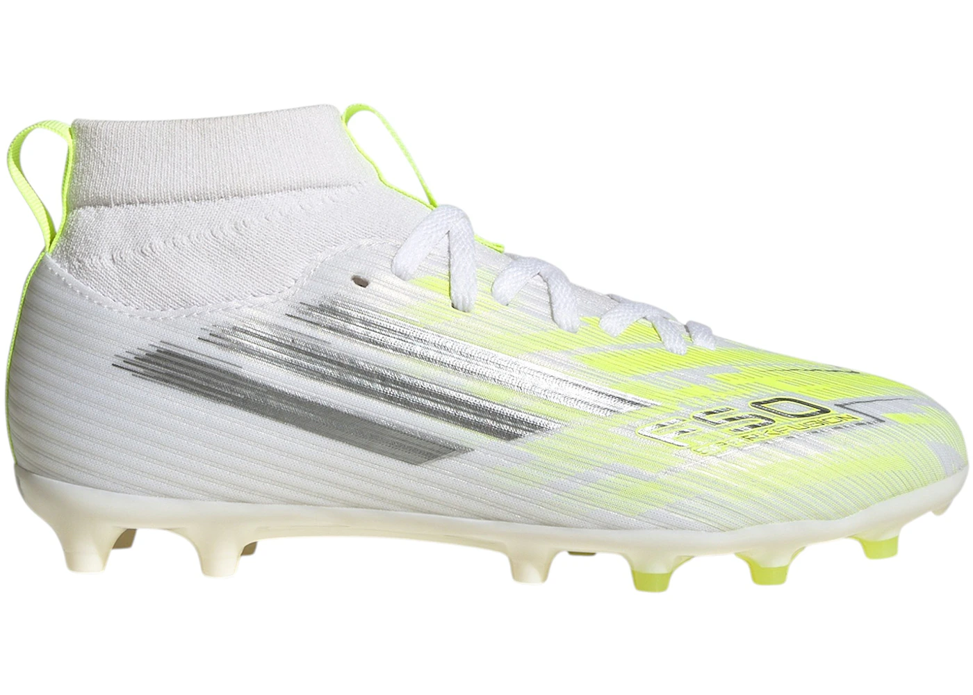 adidas F50 Sparkfusion League Mid Cut FG/AG White Iron Metallic Hi-Res Yellow (GS)