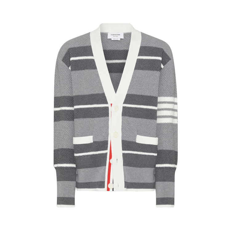 Thom Browne Classic Stripe Seed Stitch Neck Cardigan 'Medium Grey'