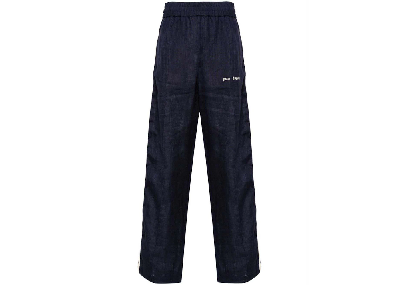 Palm Angels Logo-Print Linen Track Pants Navy Blue/Off-White