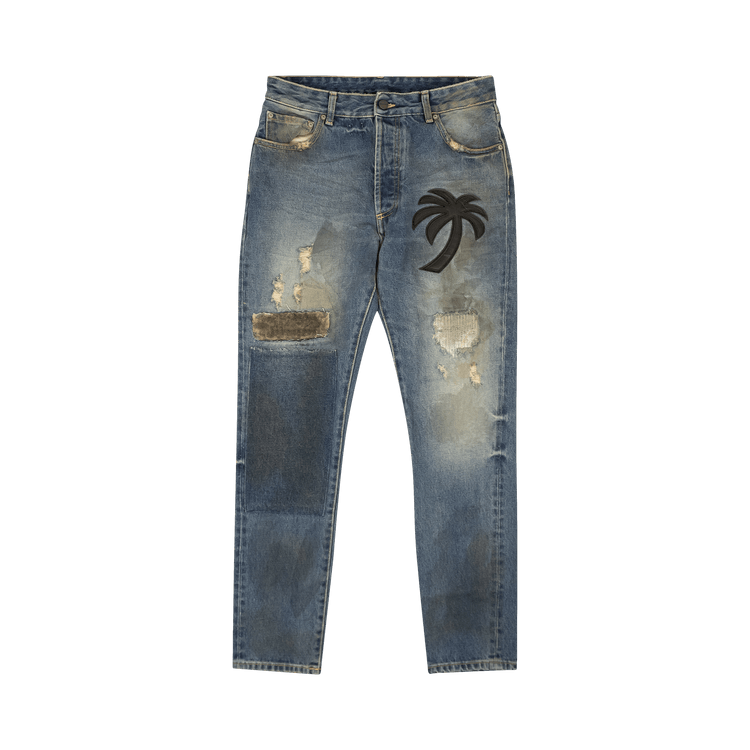 Palm Angels Curved Palm Patch Detail Straight Leg Jeans 'Blue'