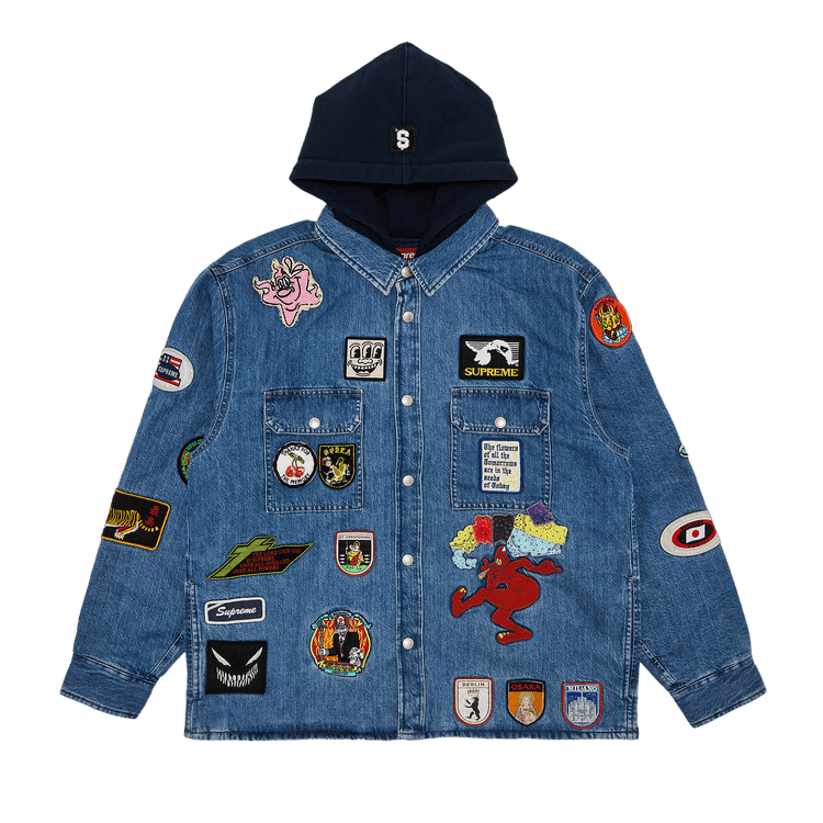 Supreme Patches Hooded Zip Up Shirt 'Denim'