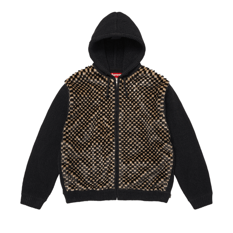 Supreme Checkerboard Faux Fur Zip Up Hooded Sweater 'Black'