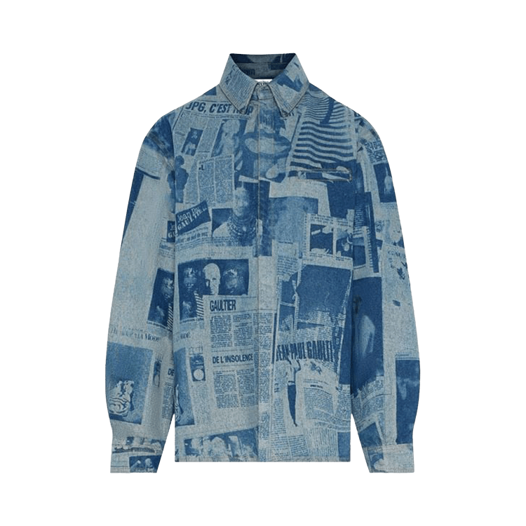 Jean Paul Gaultier Denim Shirt With Newspaper Print 'Indigo/Beige'
