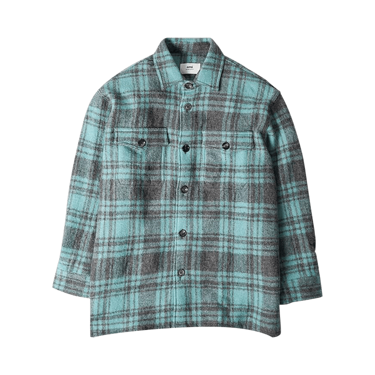 Ami Plaid Wool Shirt Jacket 'Aqua Marine/Mineral Grey'