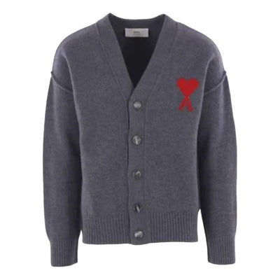 AMI Big Heart Logo Felt Merino Wool Cardigan 'Heather Grey'