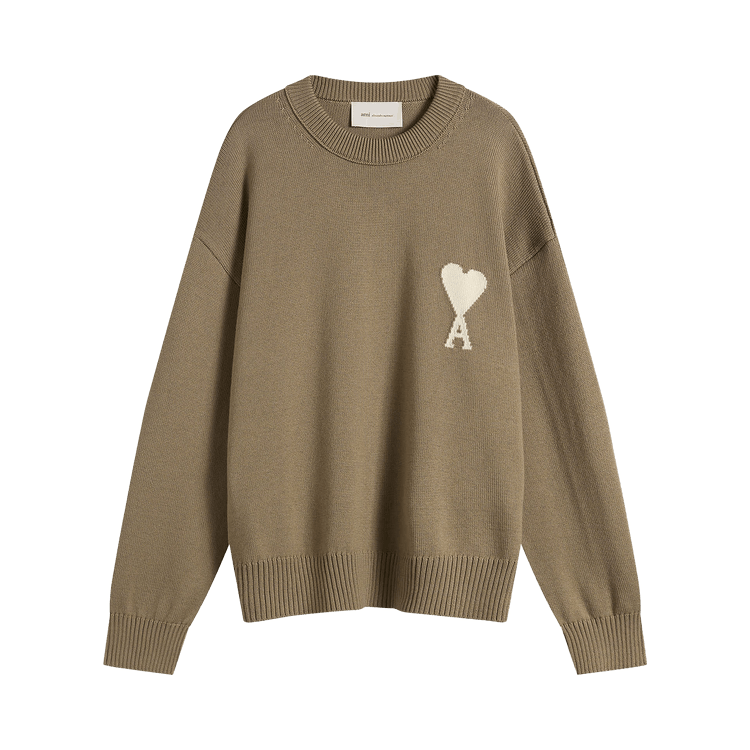 Ami Crewneck Sweater With Contrasted De Coeur 'Beige Taupe/Ecru'