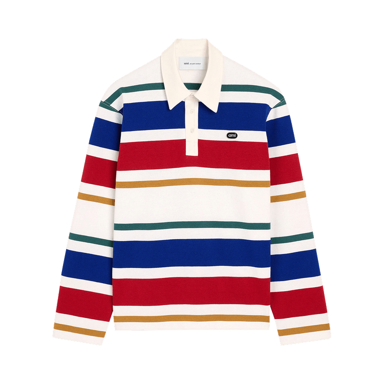 Ami Striped Polo With Bouclette Oval Patch 'Blanc/Bleu/Rouge'