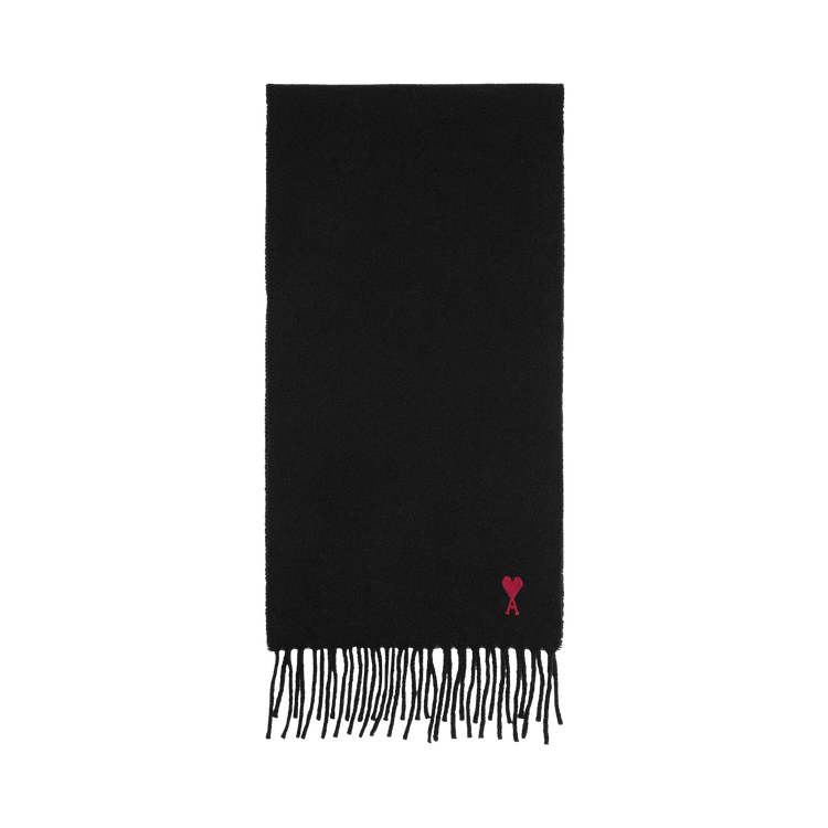 Ami Quota Wool Scarf With Red De Coeur Embroidery 'Noir'