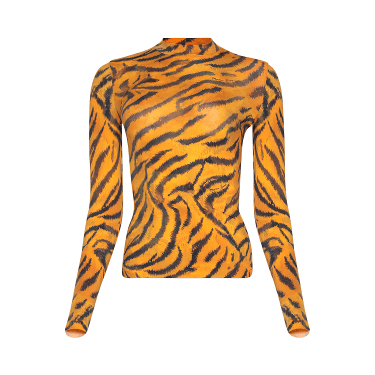Marine Serre Tiger Printed Jersey Long-Sleeve Highneck Top 'Medium Orange'