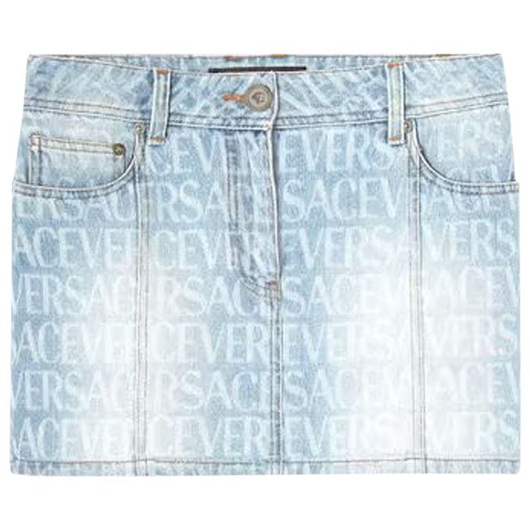 Versace All Over Logo Denim Skirt 'Light Blue'