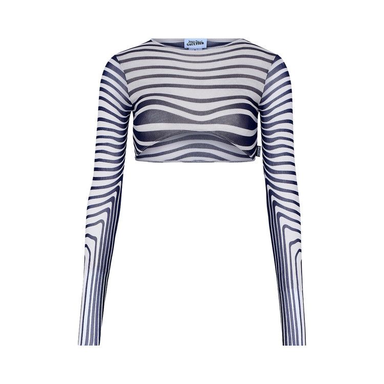 Jean Paul Gaultier Re-Edition Long-Sleeve Crew Neck Cropped Top "Morphing Stripes" 'Ecru/Navy'