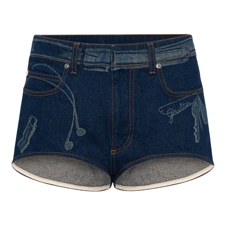 Jean Paul Gaultier Denim Mini Shorts With Trompe L'oeil Print 'Vintage Blue'