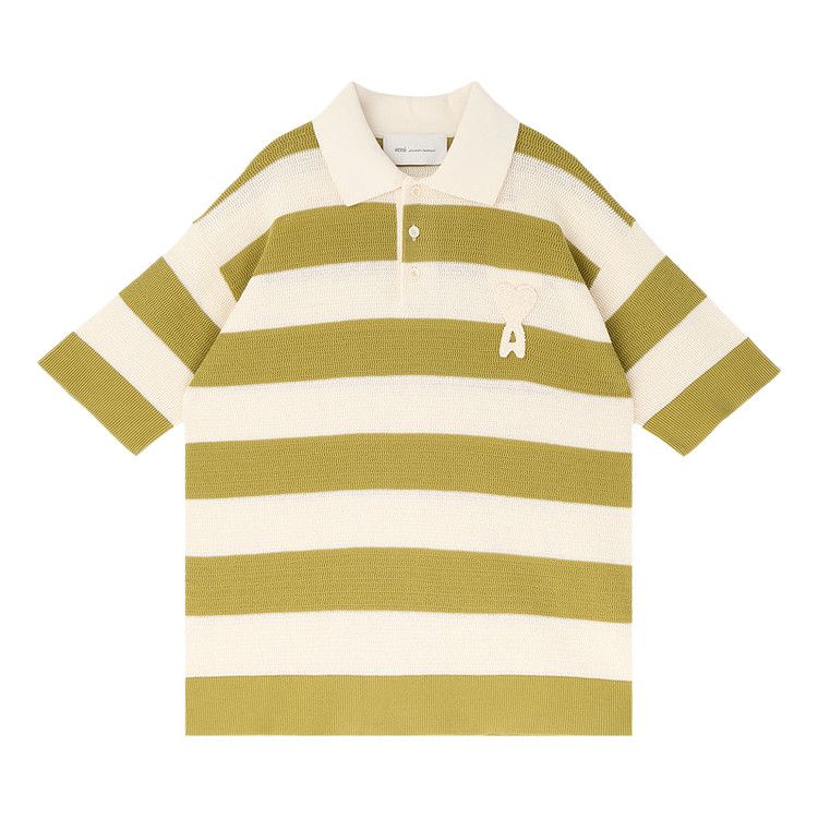 Ami Short-Sleeve Polo With De Coeur Patch 'Blanc Creme/Matcha'