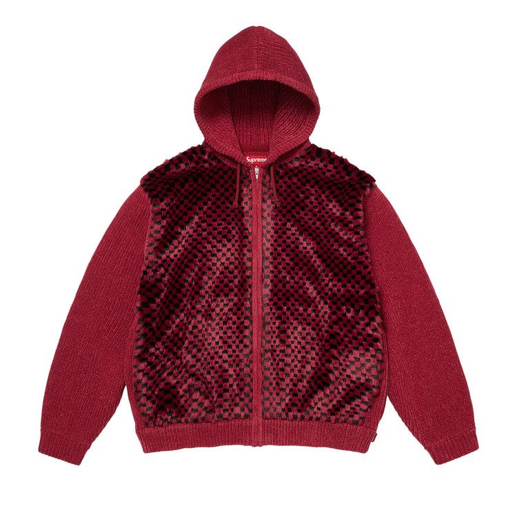 Supreme Checkerboard Faux Fur Zip Up Hooded Sweater 'Red'