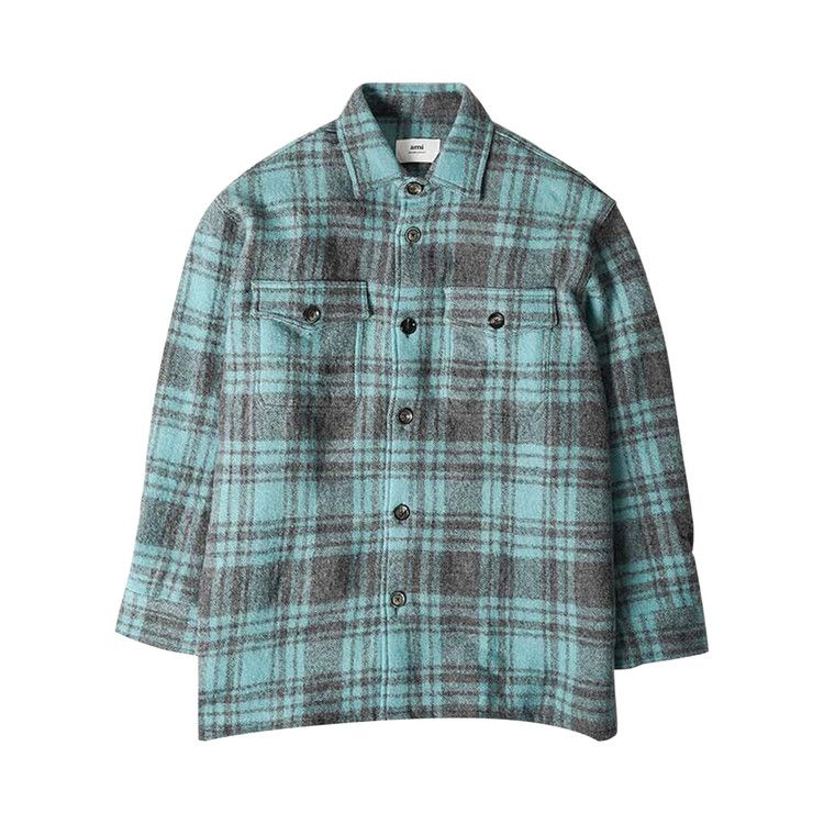 Ami Plaid Wool Shirt Jacket 'Aqua Marine/Mineral Grey'