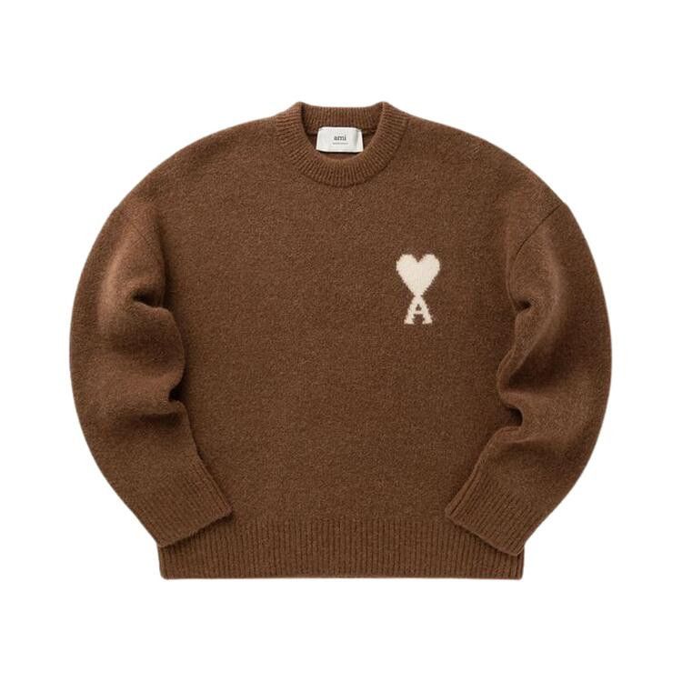 Ami Quota Crewneck Sweater With De Coeur 'Marron Chocolat/Ecru'